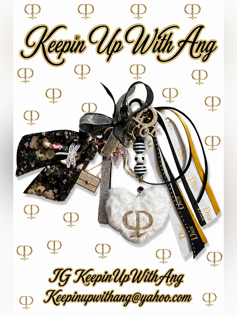 Designer-Inspired Black & White Ribbon Charm Keychain with Fur Heart